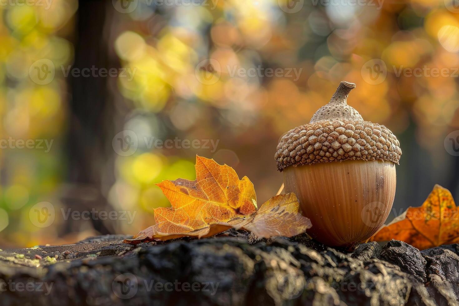 Acorn sitting on a tree stump with autumn leaves in the forest photo