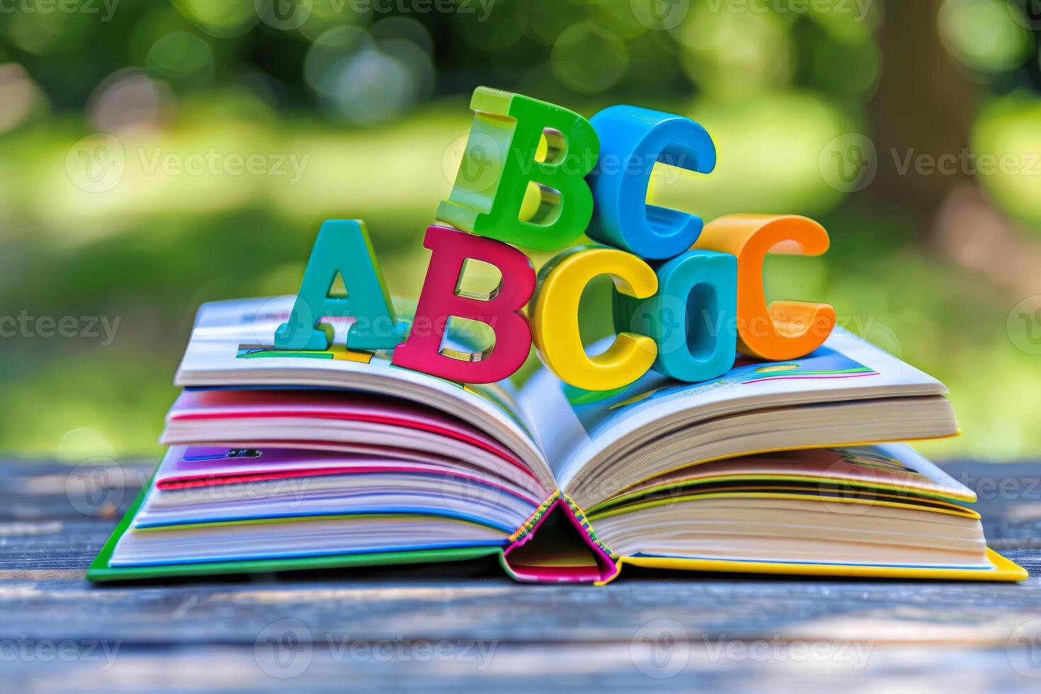 Colorful abc letters resting on open book for back to school concept photo