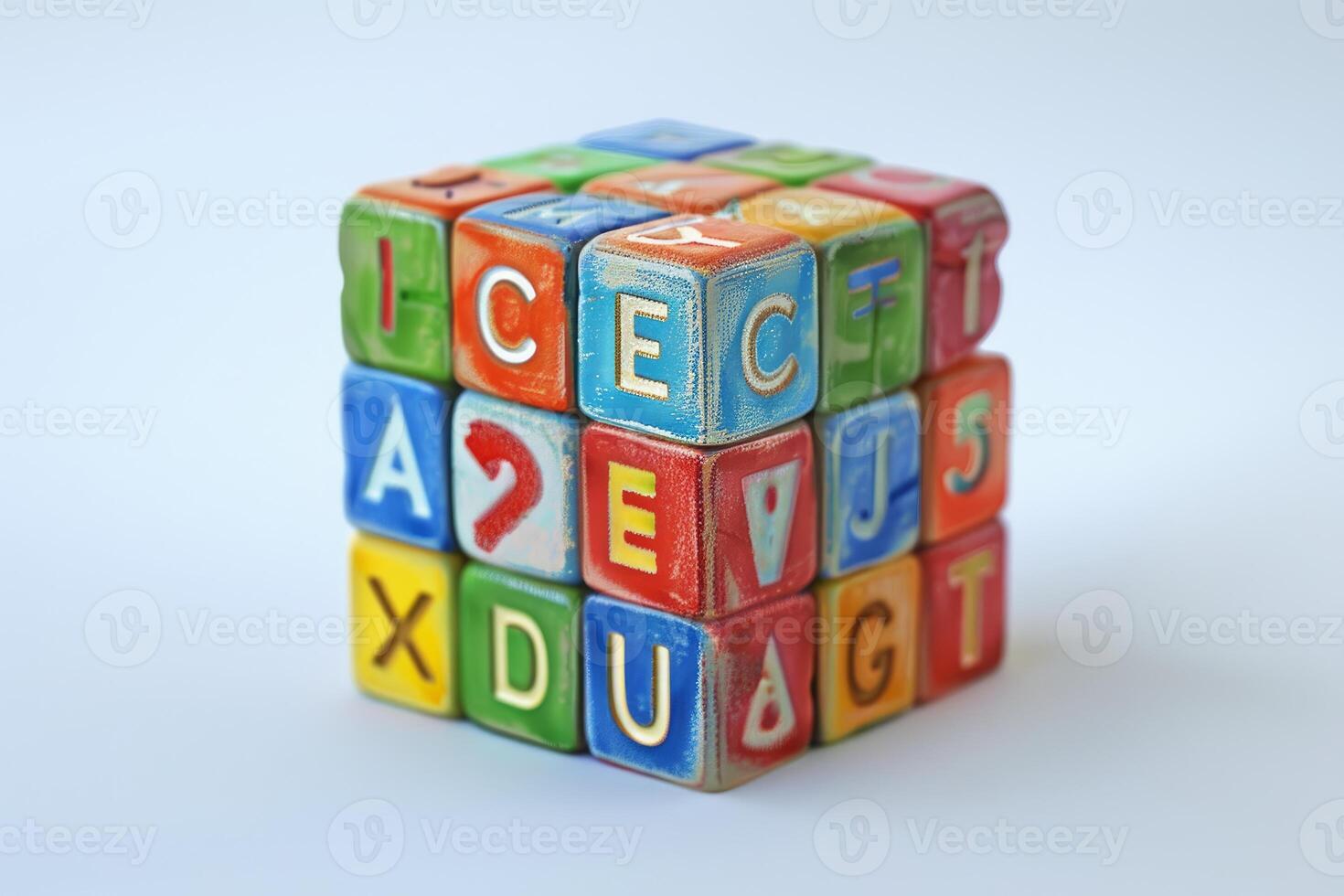 Colorful alphabet toy blocks forming a cube on white background photo