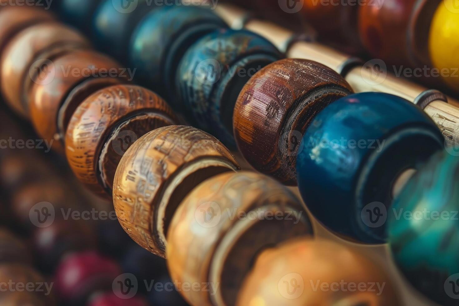Colorful wooden beads are displayed on strings for sale at a craft market photo
