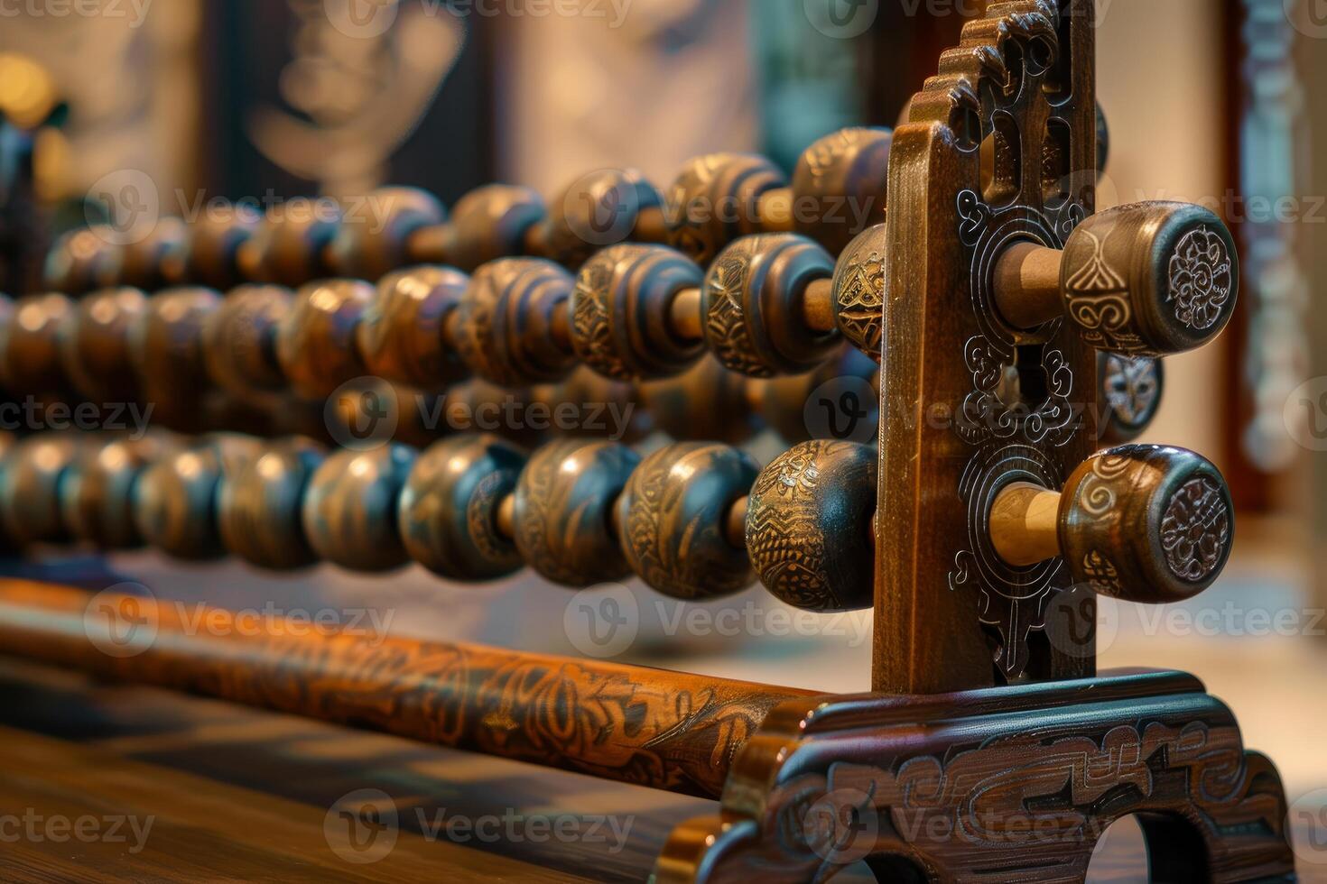 Old wooden abacus with intricate carvings is shown resting on a table photo