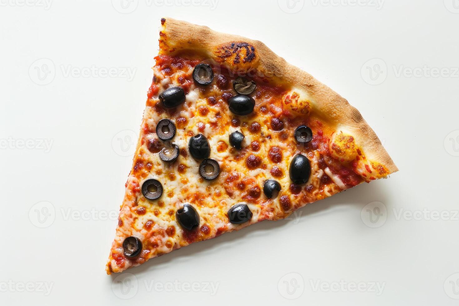 Delicious slice of pizza with black olives on white background photo