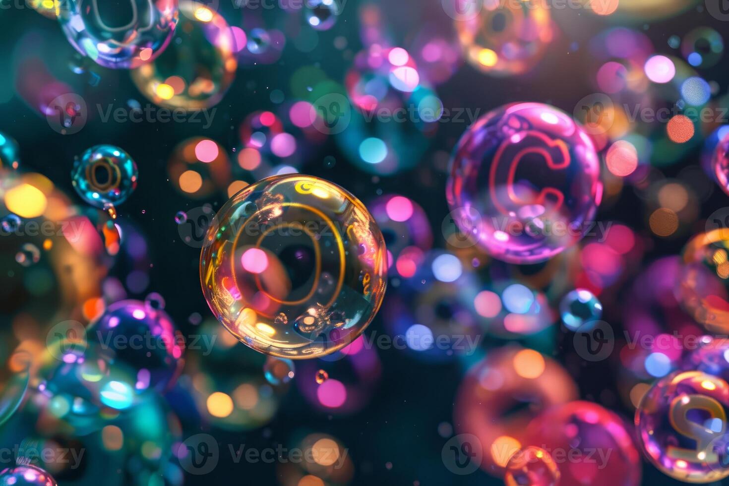 Vitamins and minerals inside colorful bubbles floating in the air photo