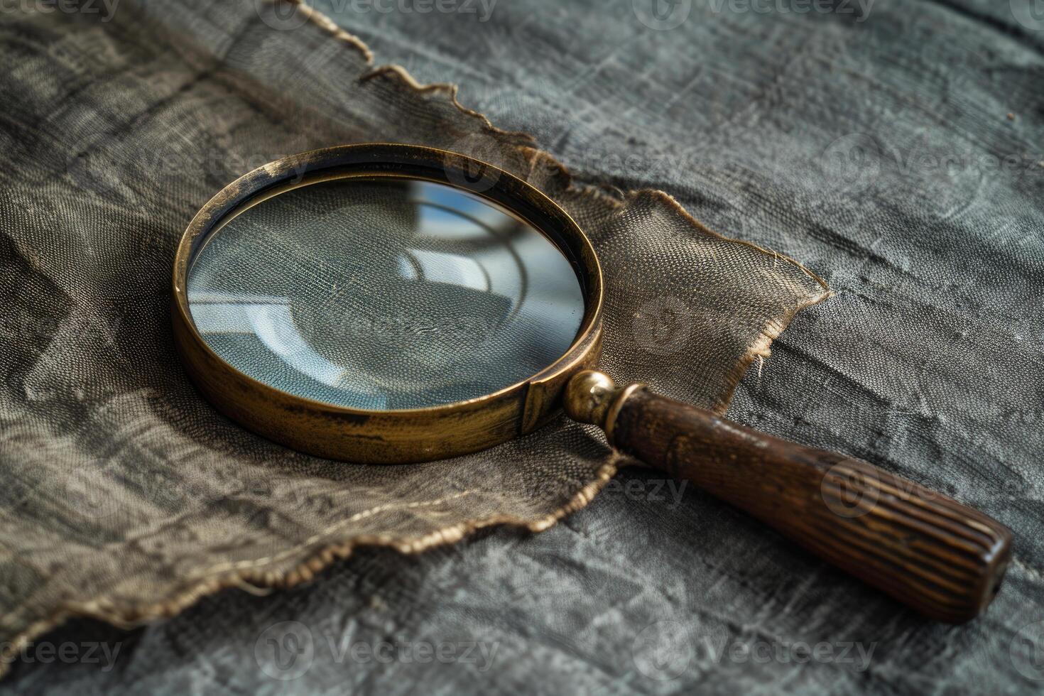 Magnifying glass resting on old fabric revealing its texture photo