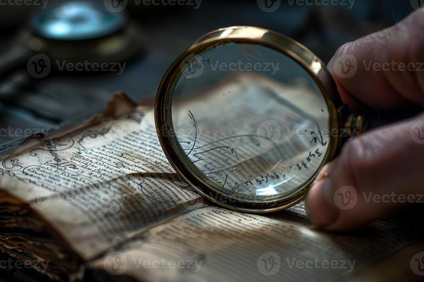Historian examining ancient book with magnifying glass photo