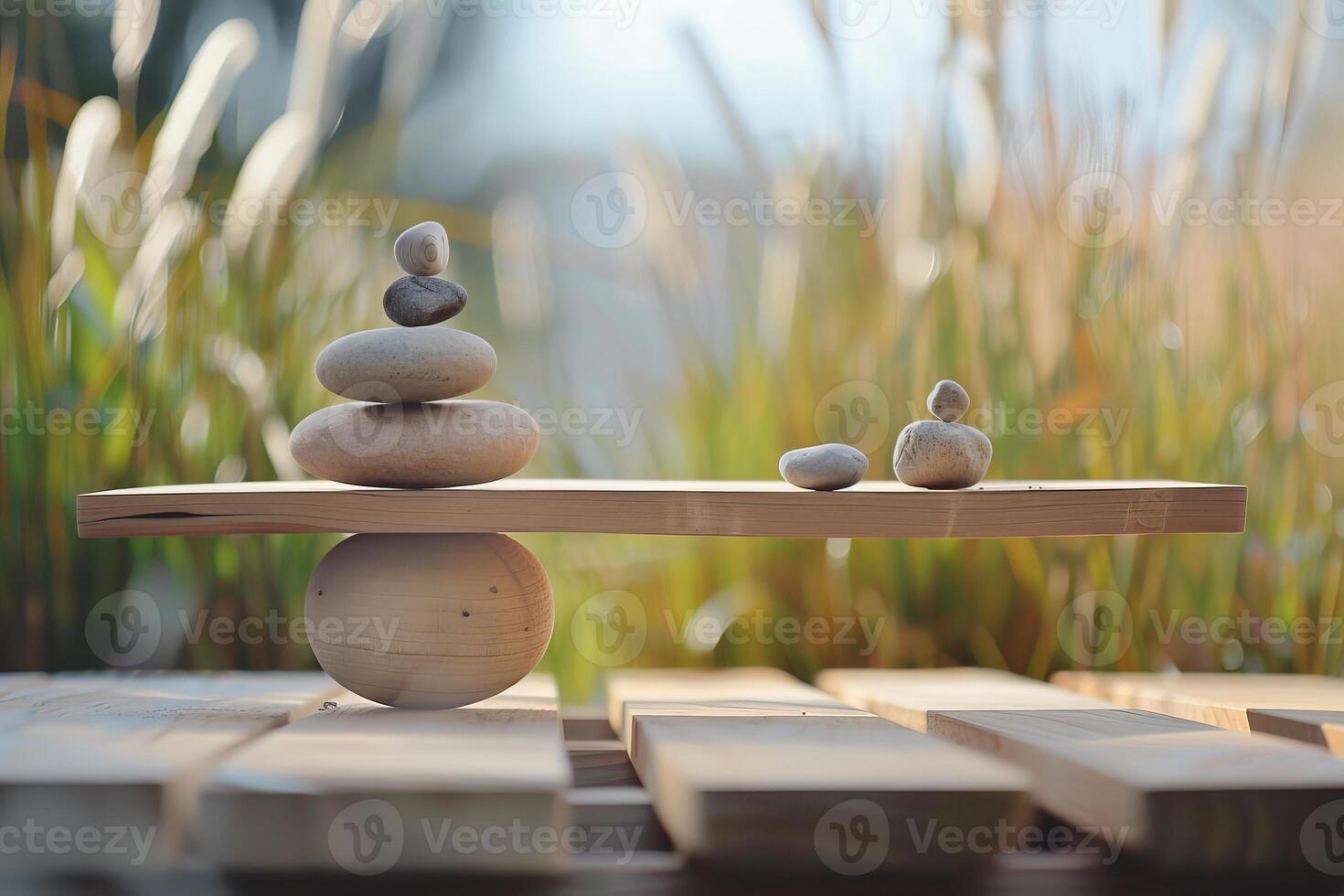 Balancing pebbles on wooden plank symbolizing harmony and balance photo