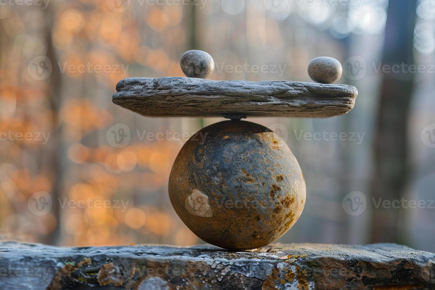 Balancing stone sculpture is standing on a rock in the forest photo