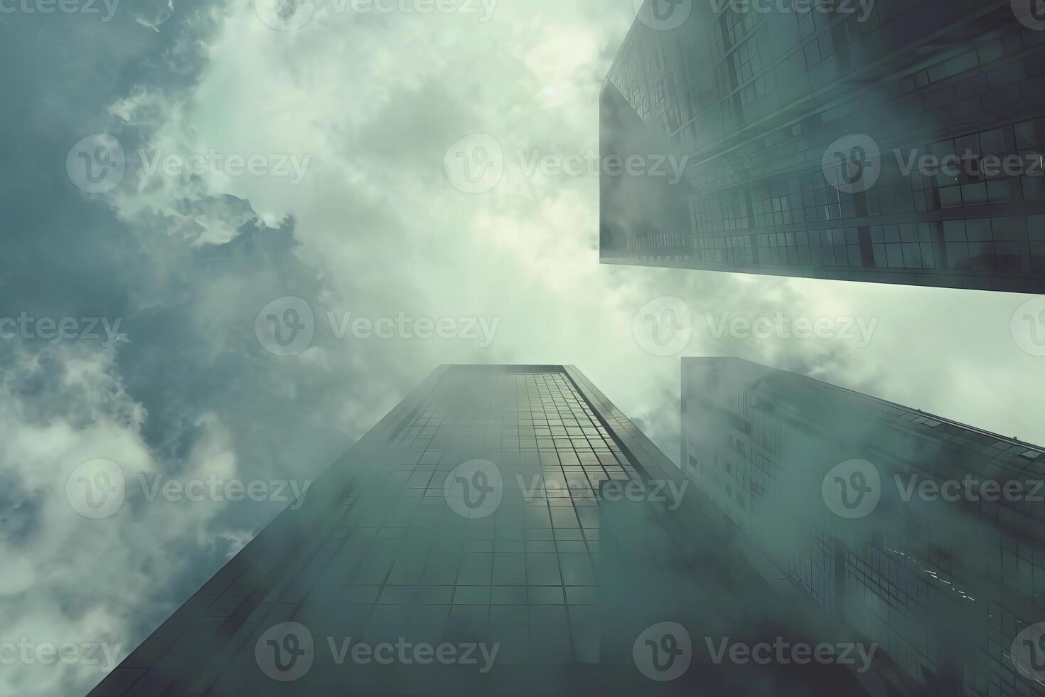 Dense fog covering the tops of skyscrapers in the city photo