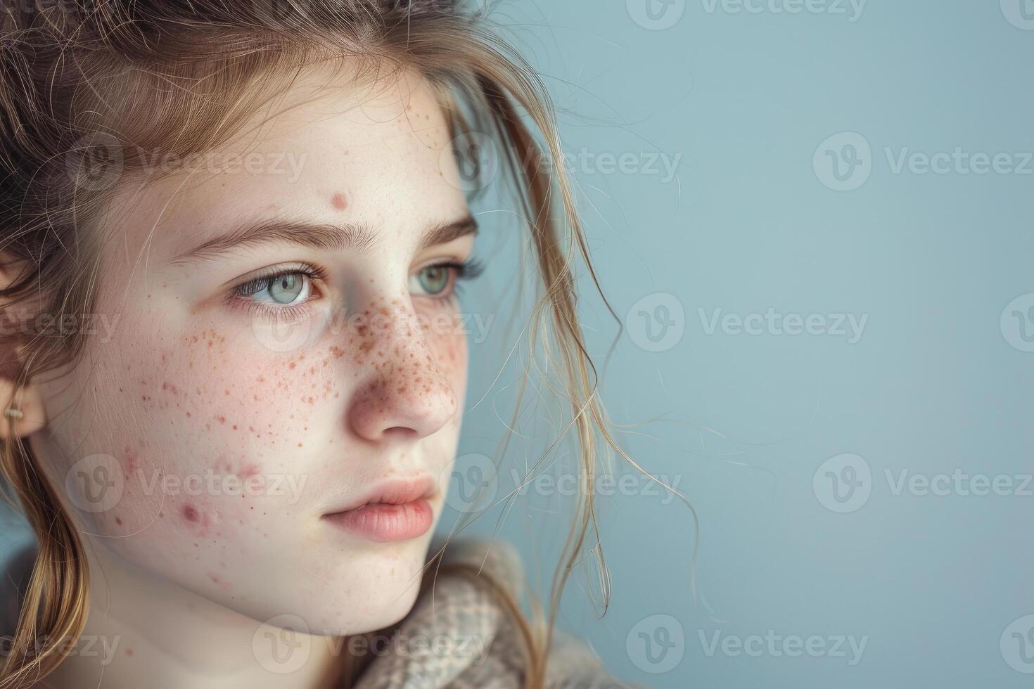 Teenage girl with freckles and acne showing her real skin photo