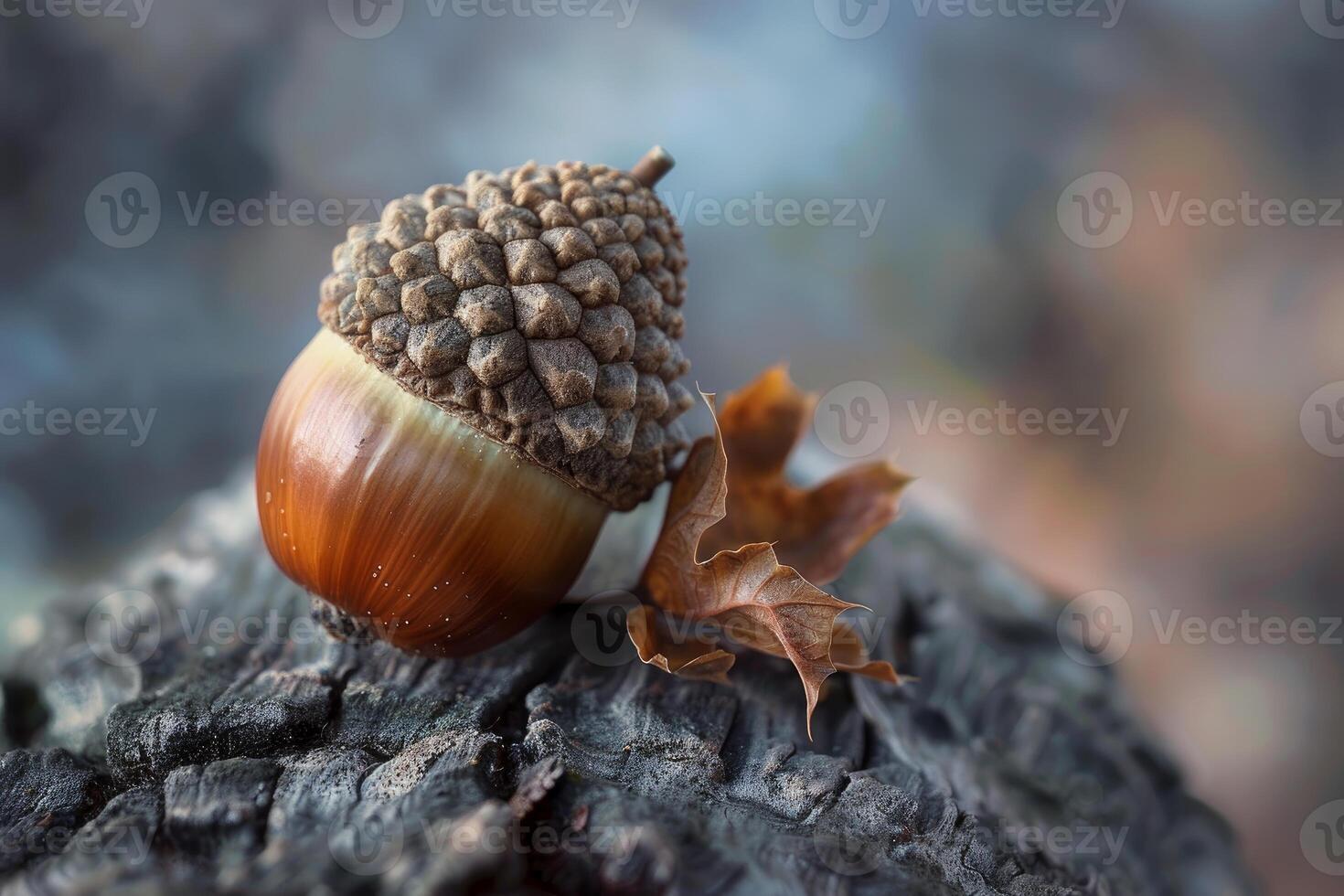 Acorn lying on its side on tree trunk with dry leaf photo