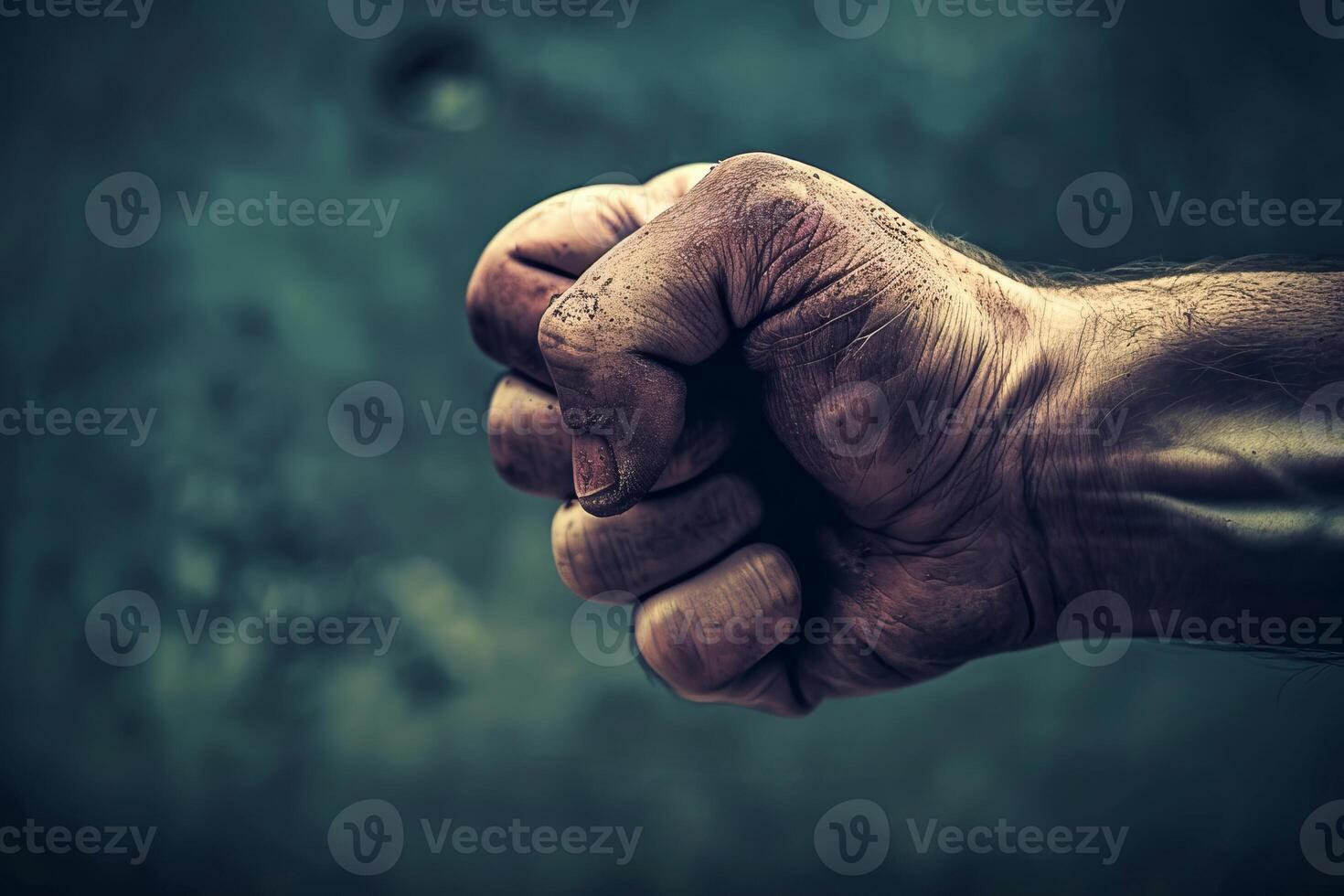 Construction worker clenching dirty fist showing power photo