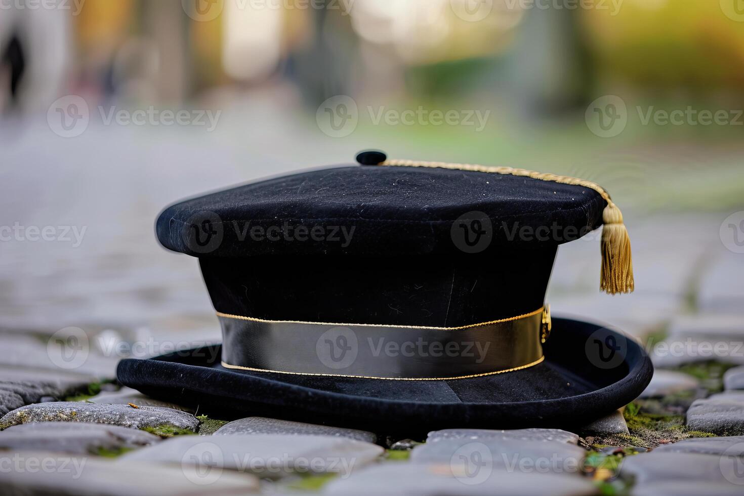 Traditional black graduation cap lying on cobblestones in university campus photo
