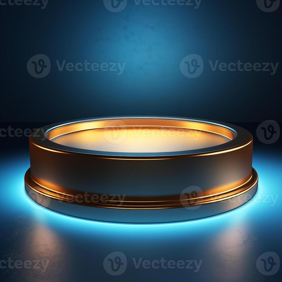 Golden podium with neon lighting in high-tech style on dark blue background for product display. photo