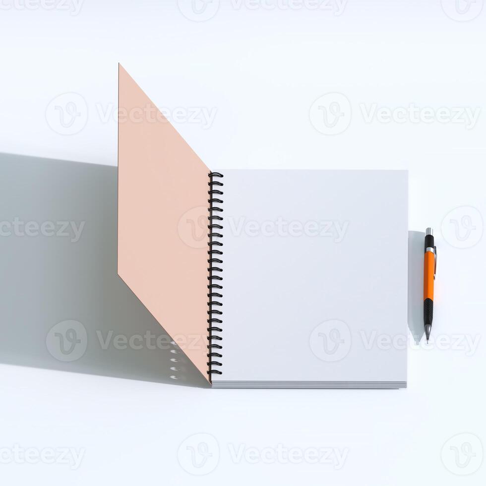 Mockup sketchbook, notebook on a spring with a pen on a white background. 3d render. photo