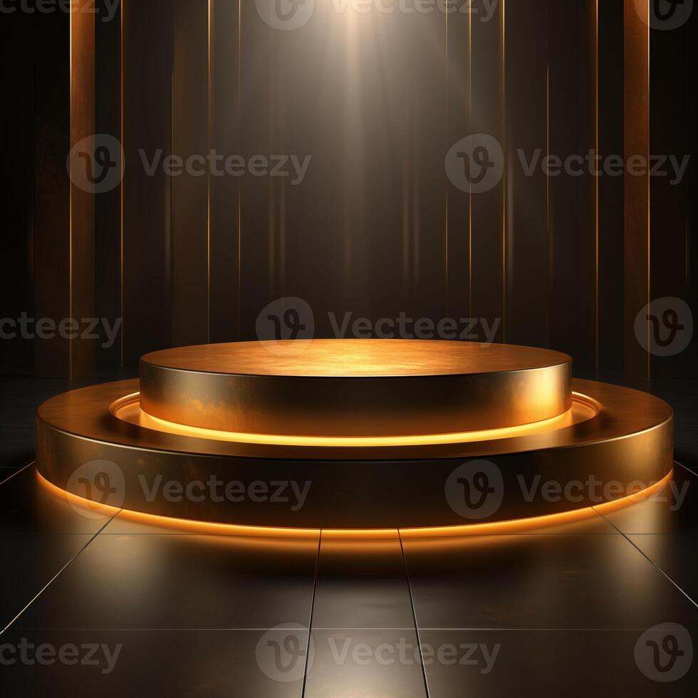Golden podium with neon lighting in high-tech style on dark background for product display. photo