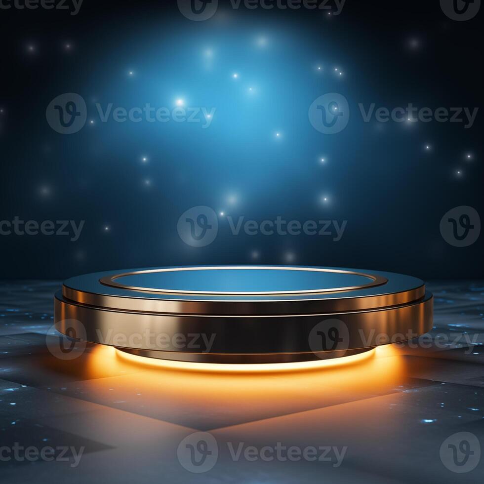 Golden podium with neon lighting in high-tech style on dark blue background for product display. photo