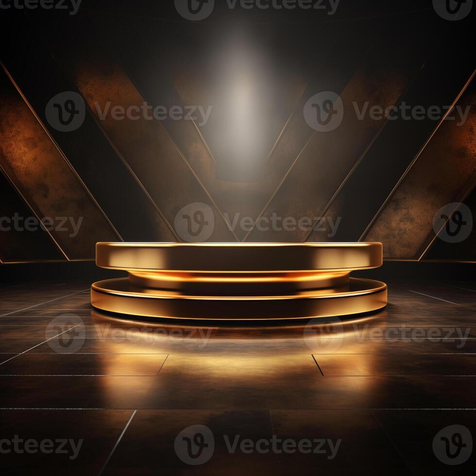 Golden podium with neon lighting in high-tech style on dark background for product display. photo