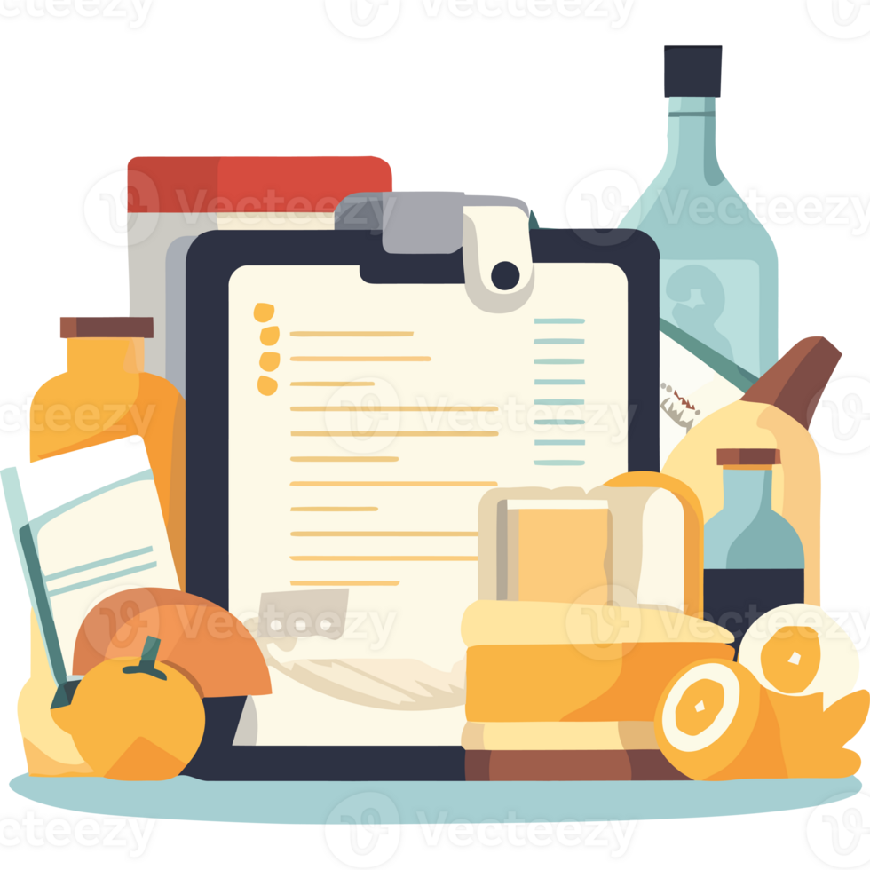 A clipboard with food and drinks on it png