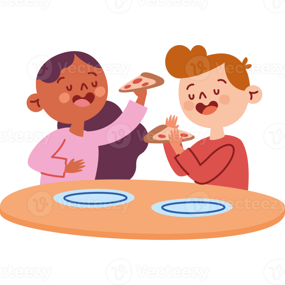Two kids eating pizza at a table png