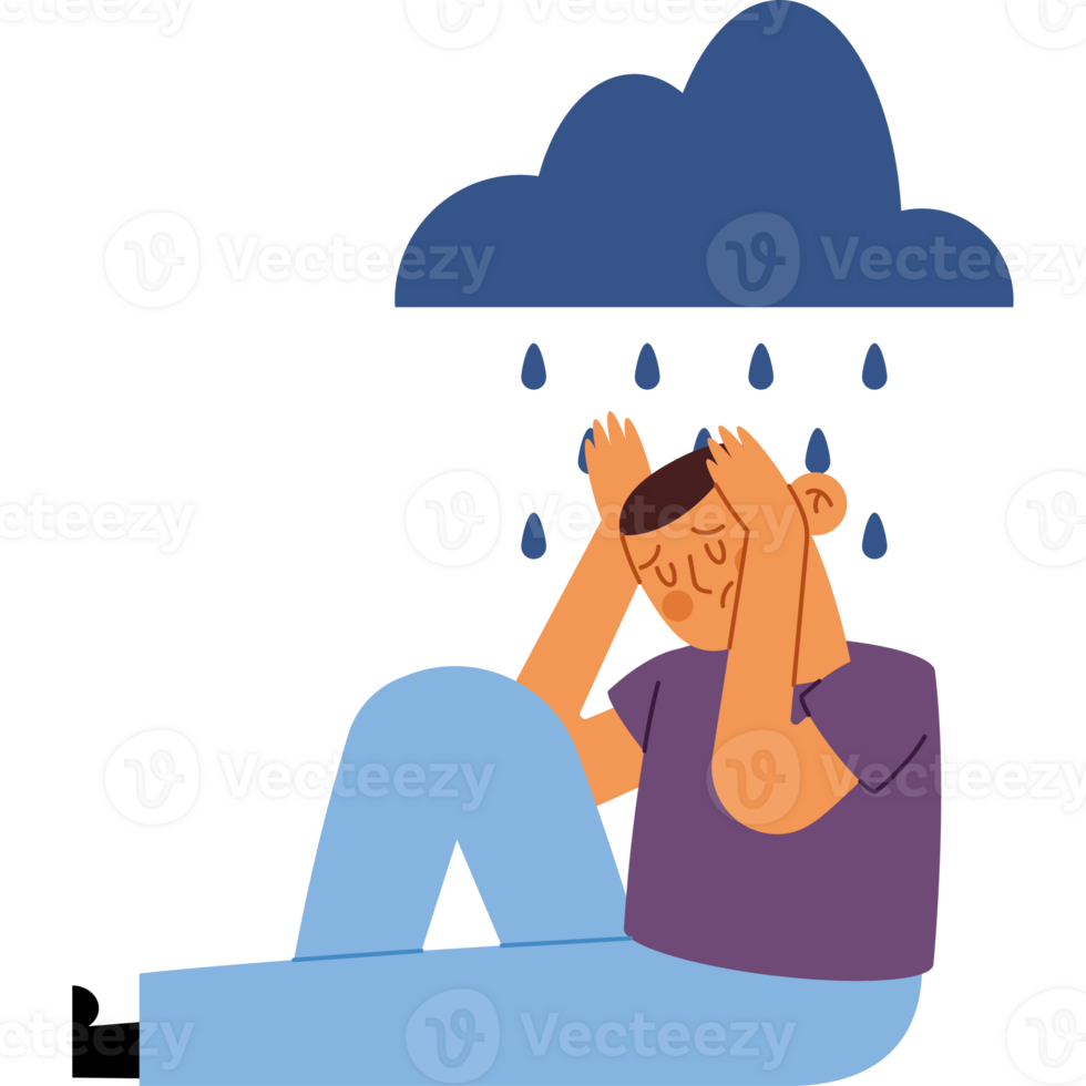 Man sitting under a rain cloud png