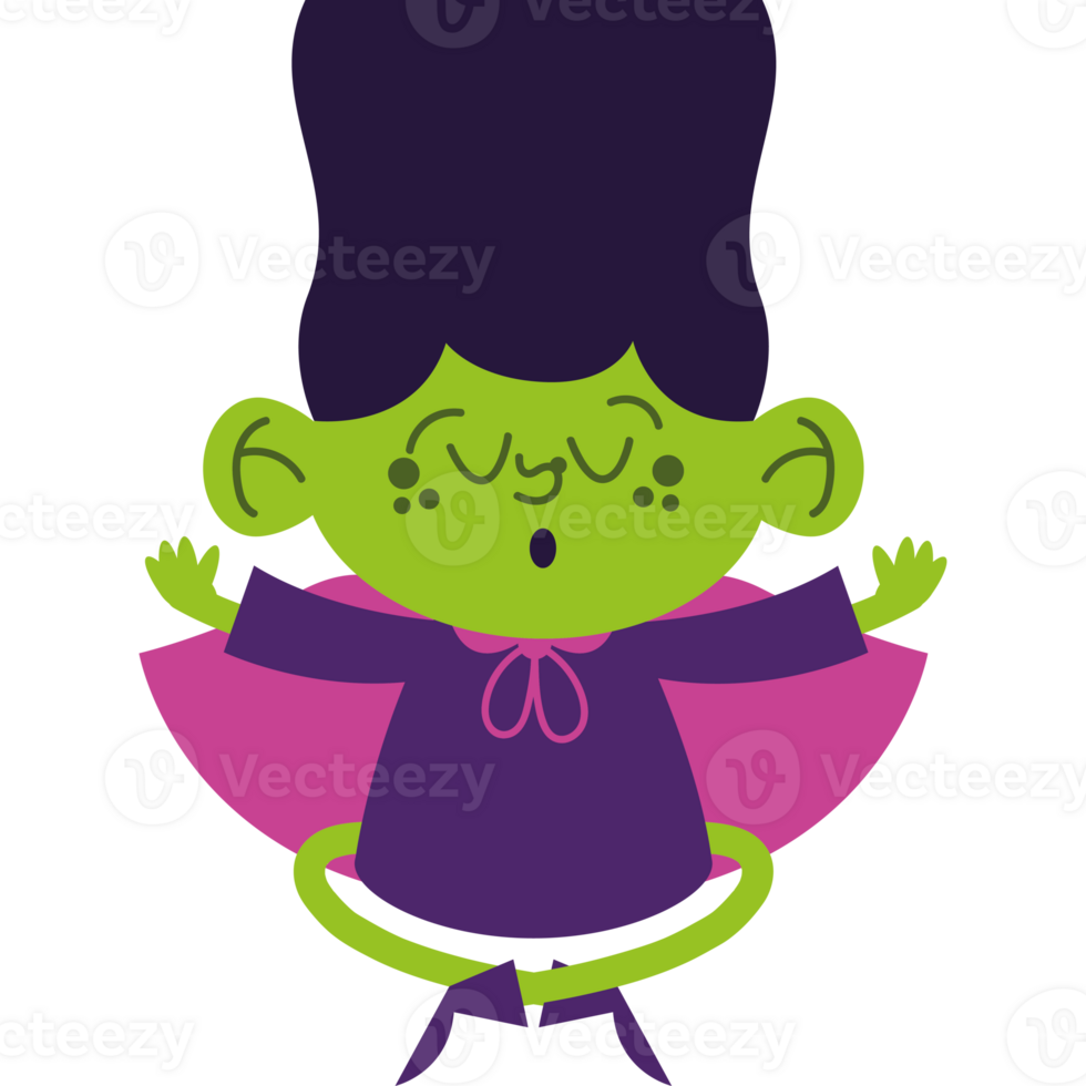 A cartoon green monster with purple hair and purple cape png
