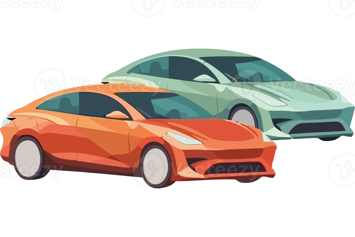 Two cars are shown in a flat style png