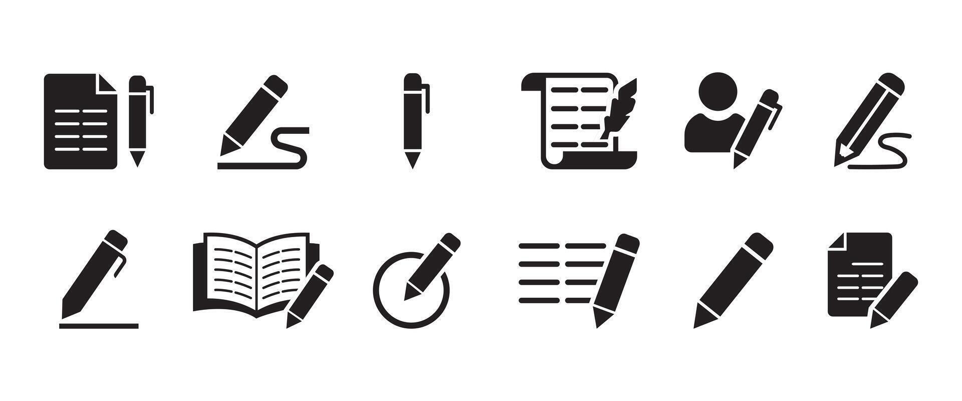 Writing icon set. Containing pen, write, pencil, note, edit, writer, document, text and more. Containing added identity document data, se of UI and mobile app, web site interface. vector