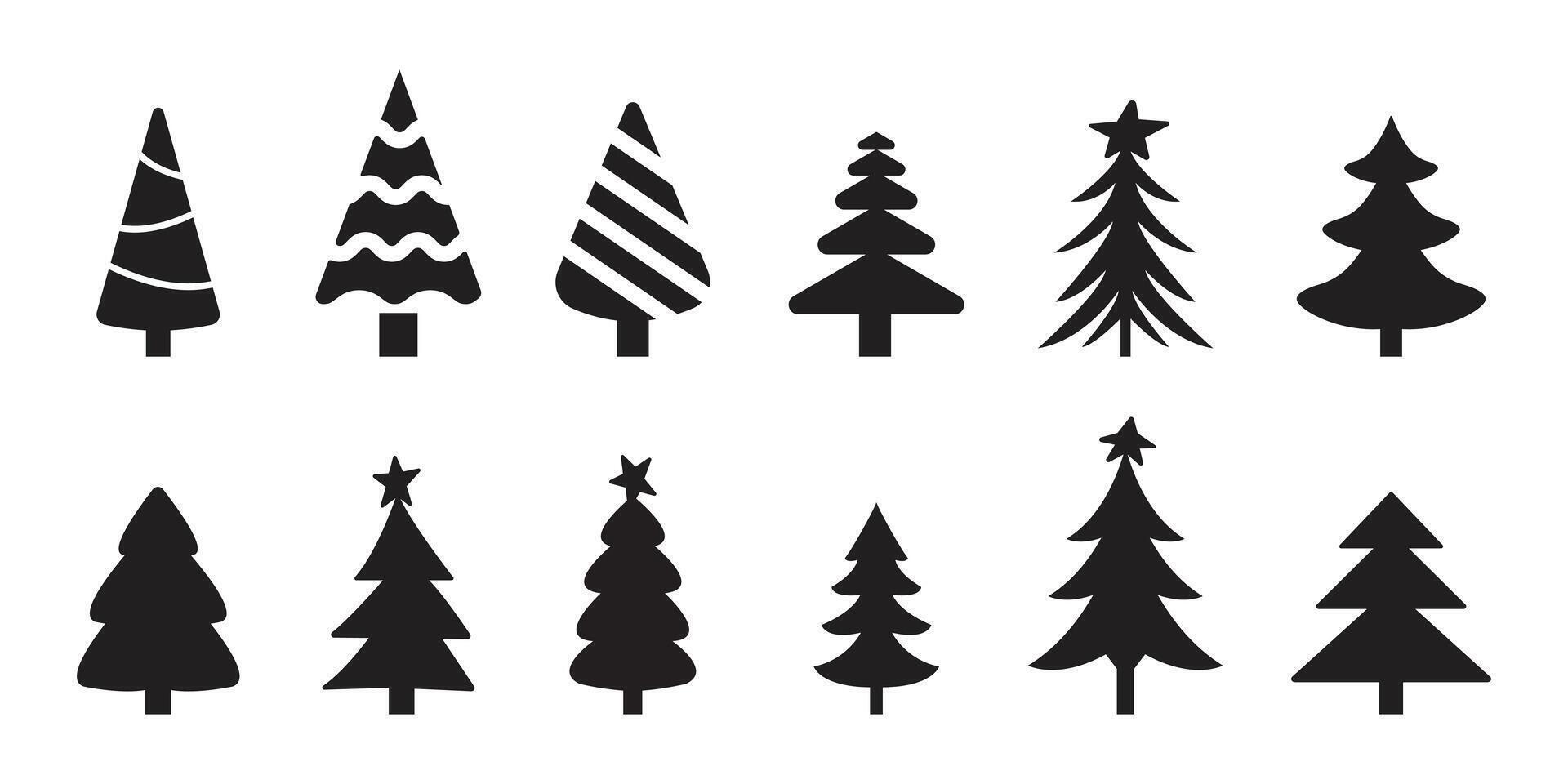 Christmas Tree black silhouette flat glyph icons set, Christmas trees collection, Pine icon set. Fir tree set. vector