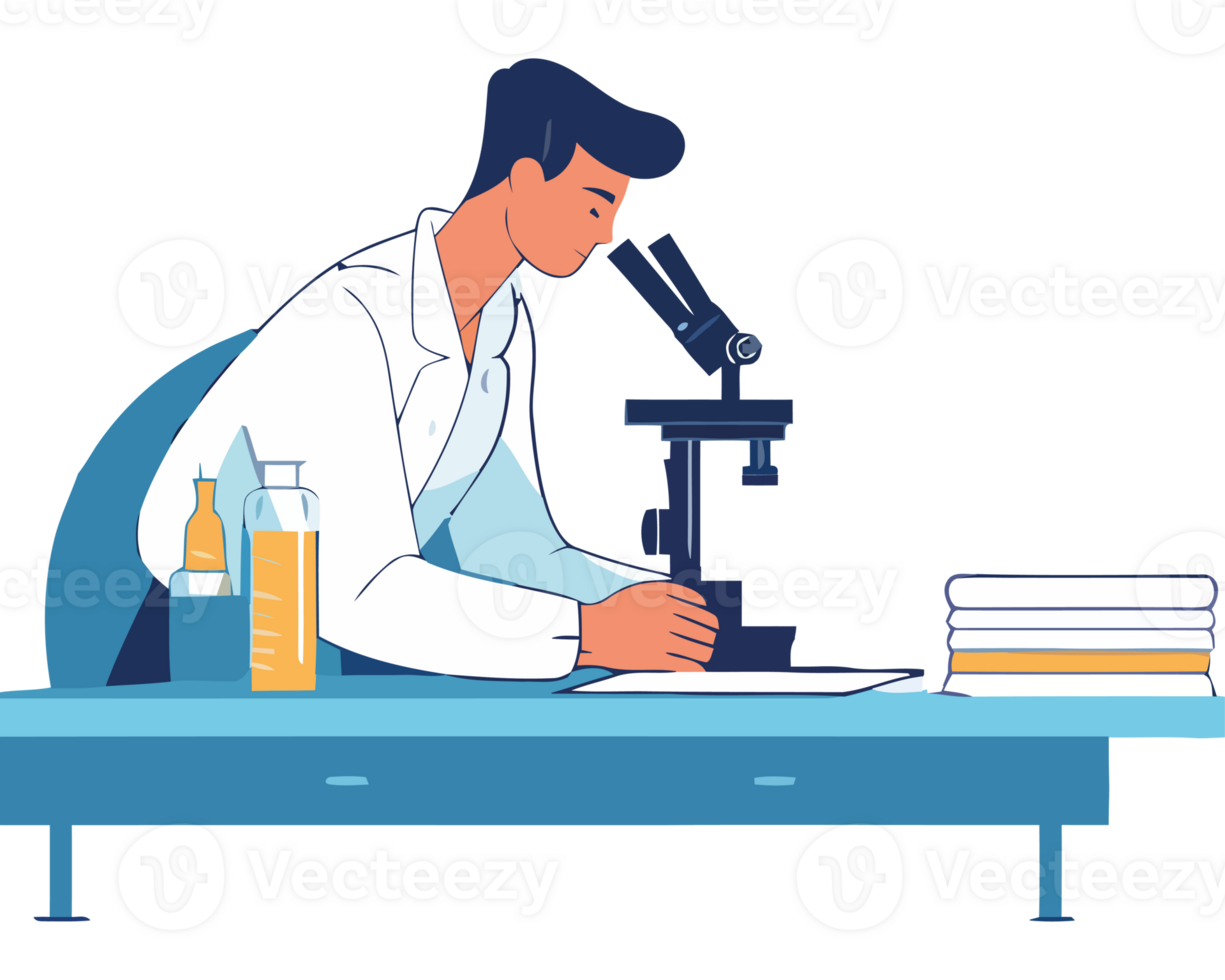 A man in a lab coat is looking at a microscope png