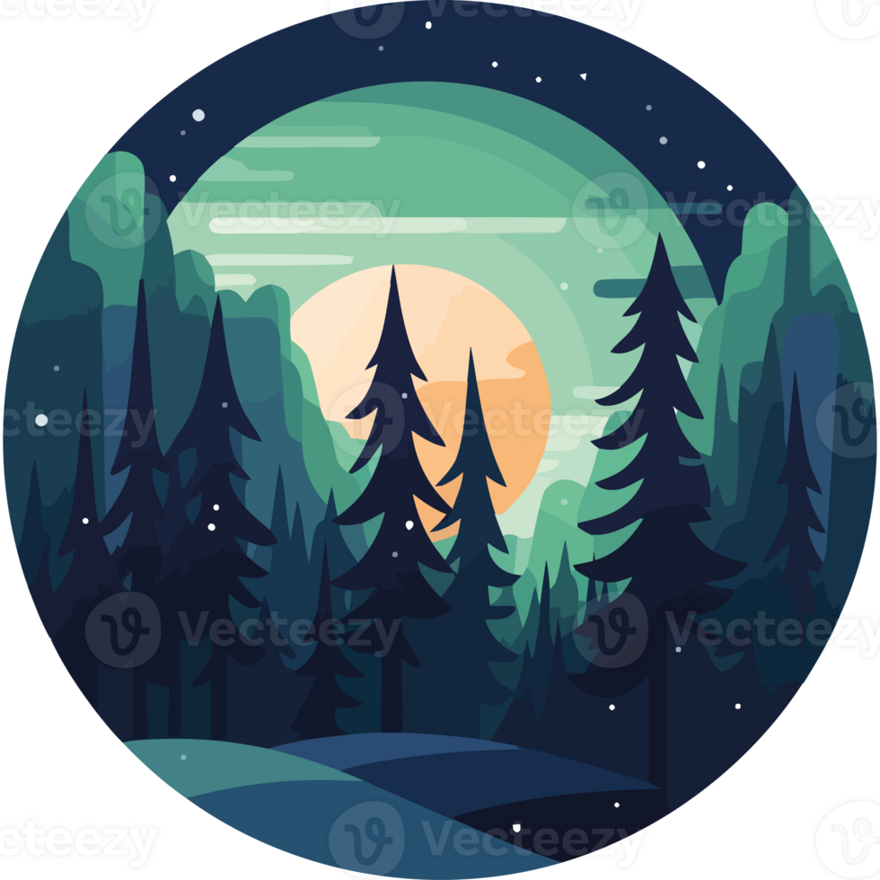 A forest scene with trees and a moon png