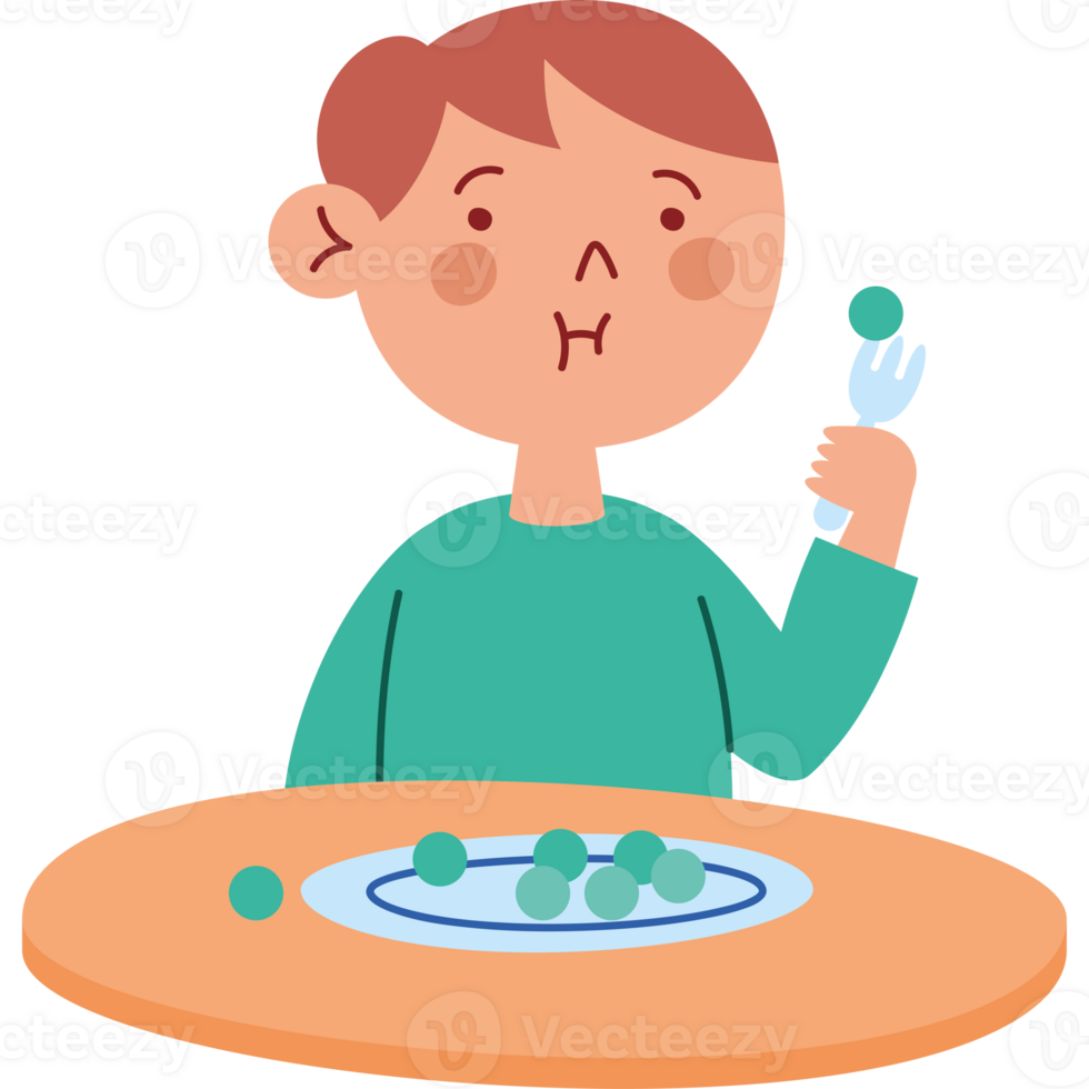 A boy eating a piece of fruit with a fork and spoon png