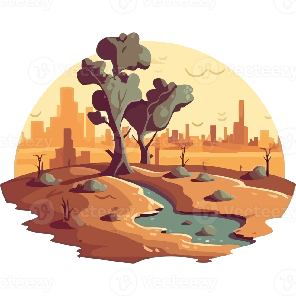 A cartoon illustration of a desert landscape with trees and a stream png