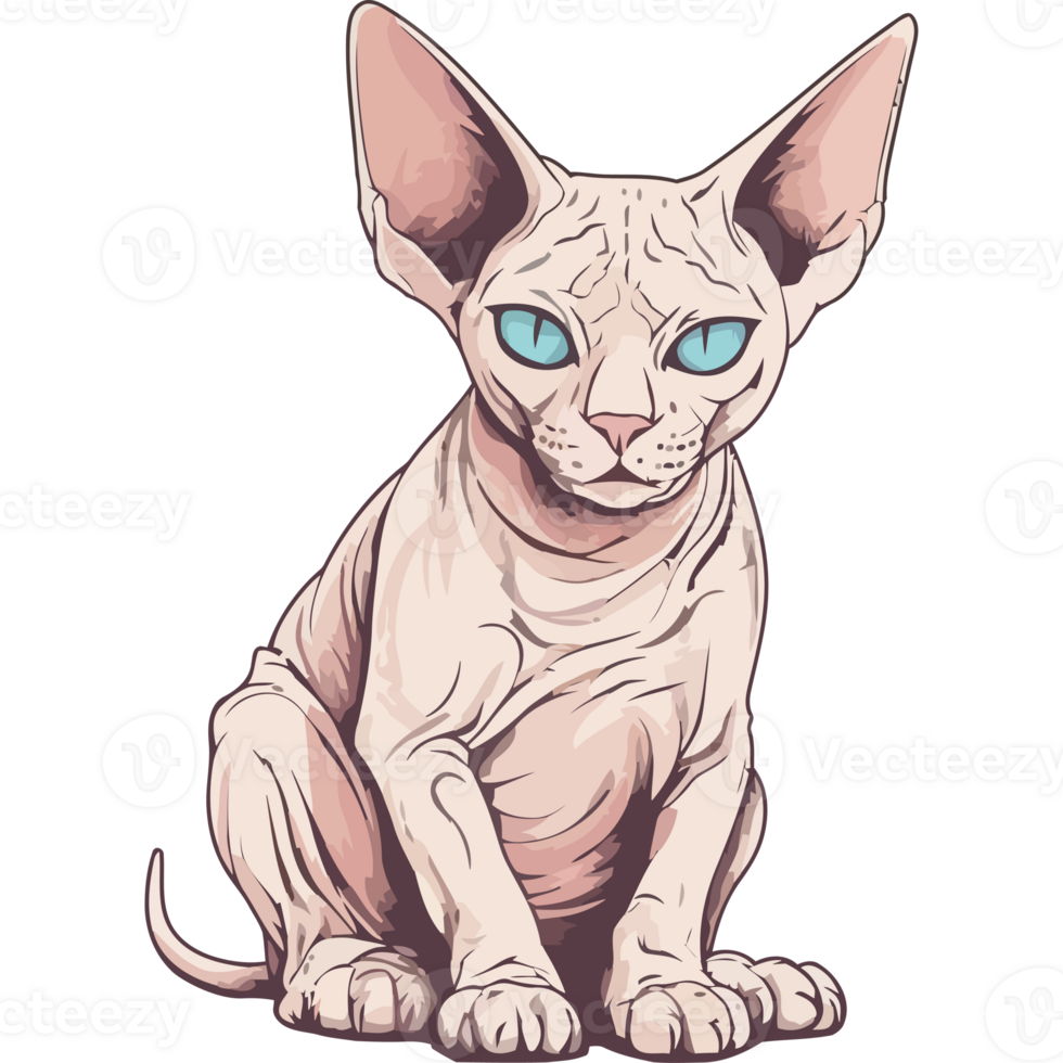 A cartoon sphyte cat with blue eyes png