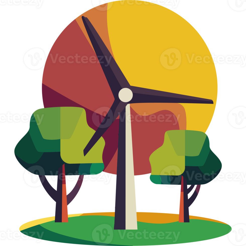 An illustration of a wind turbine with trees and a sun png