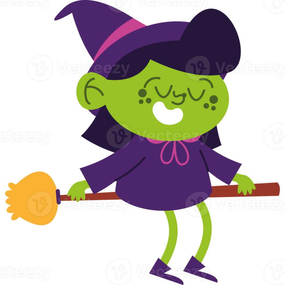 A cartoon witch with a broom and hat png