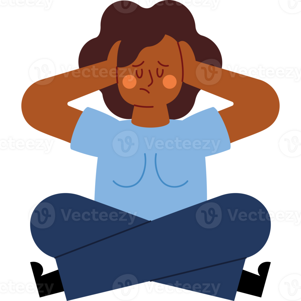 A woman sitting in the lotus position with her hands on her head png