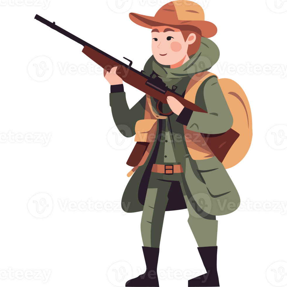 A man in a hat and green coat with a rifle png