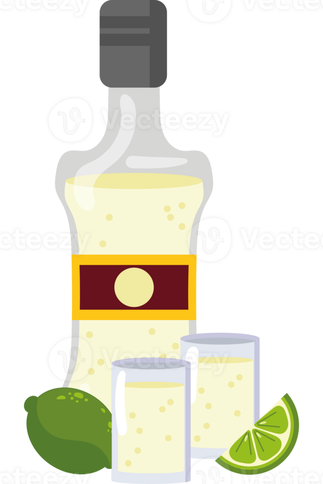 A bottle of tequila and two glasses png