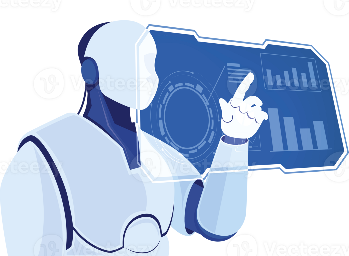 A robot pointing at a screen with graphs on it png