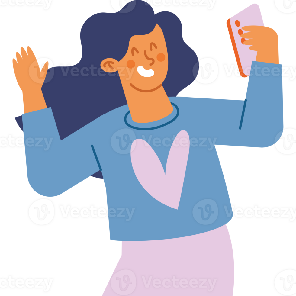 A cartoon woman holding up her phone and smiling png