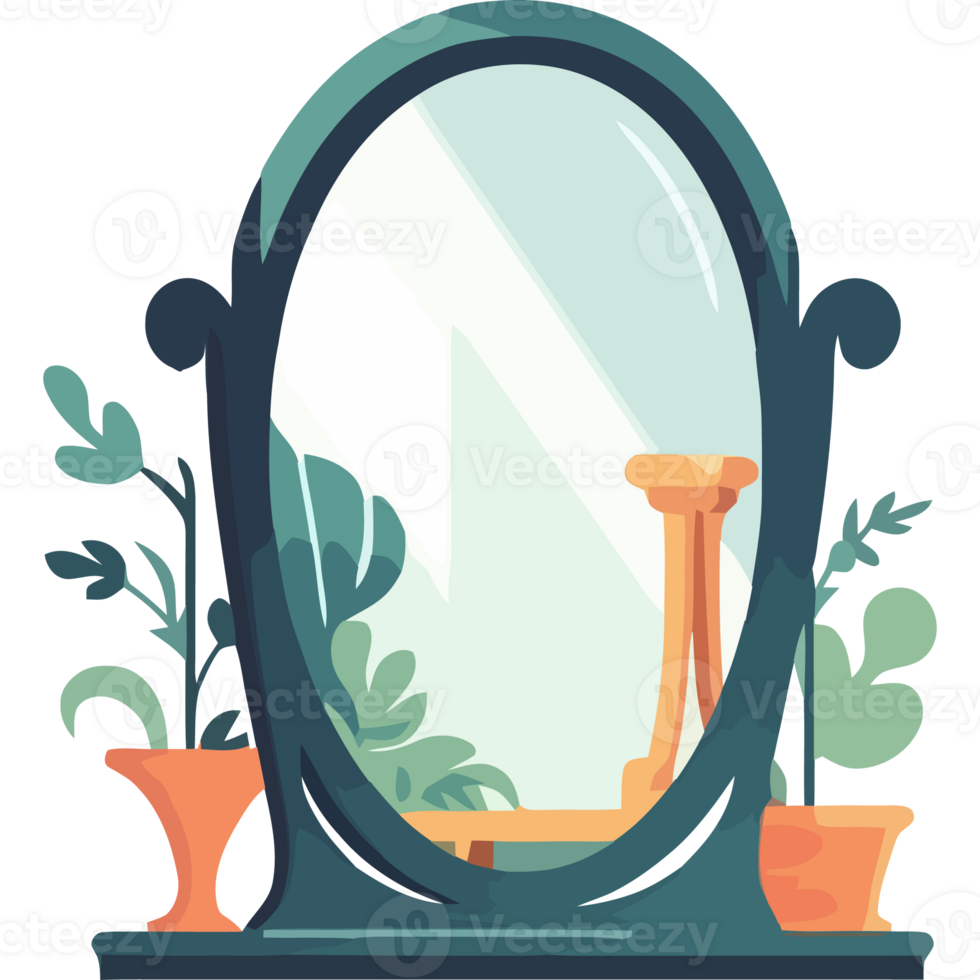 A mirror with plants and a vase on it png