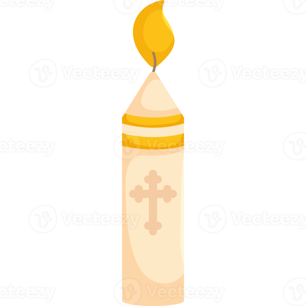 A candle with a cross on it and a yellow flame png