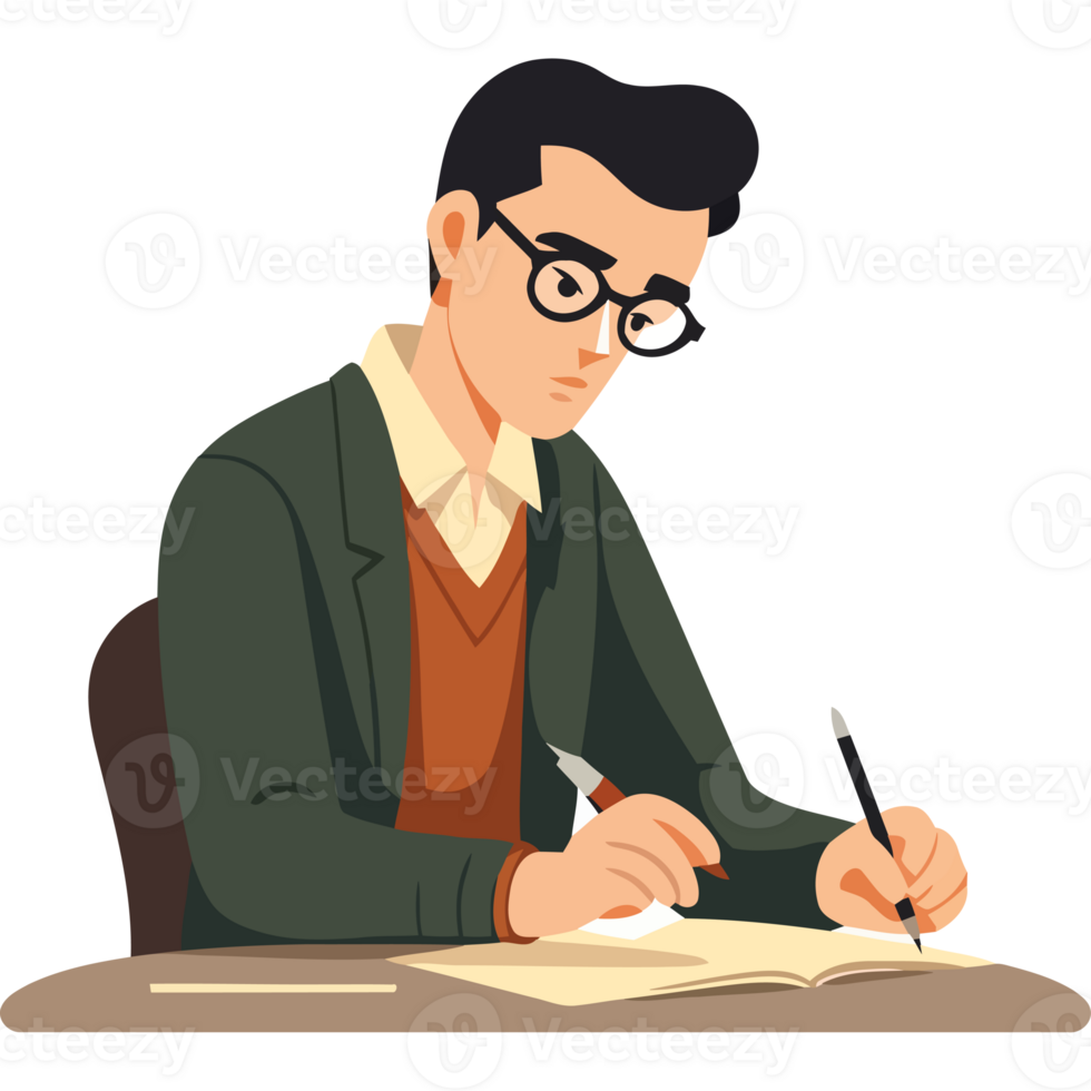 A man in glasses is writing on a piece of paper png