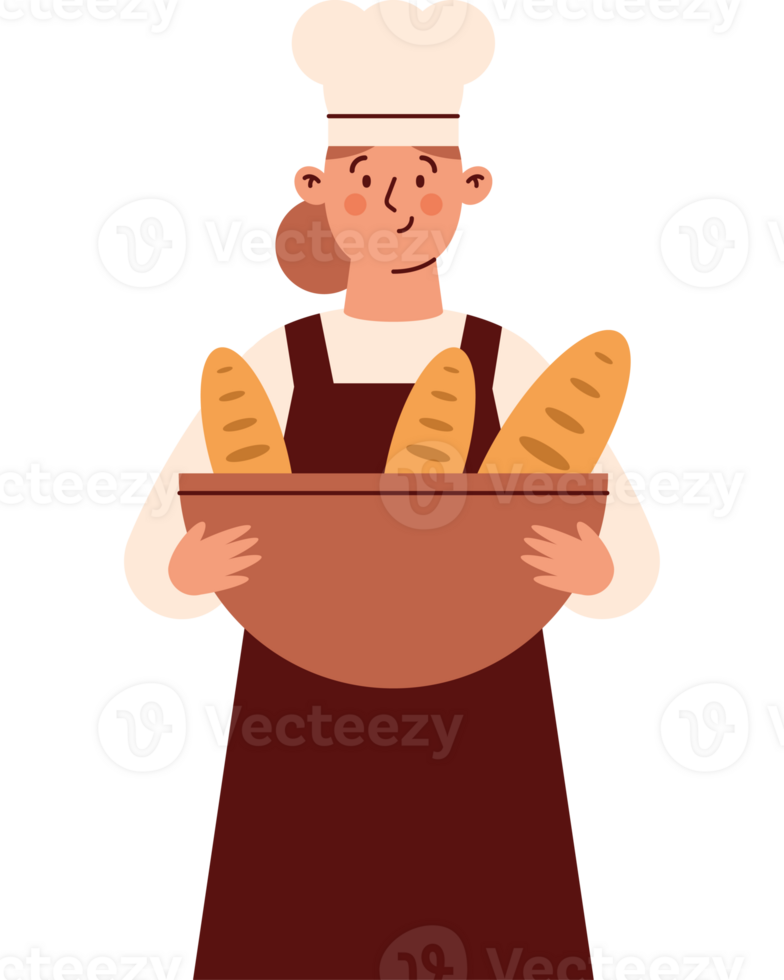 A woman in an apron holding bread png