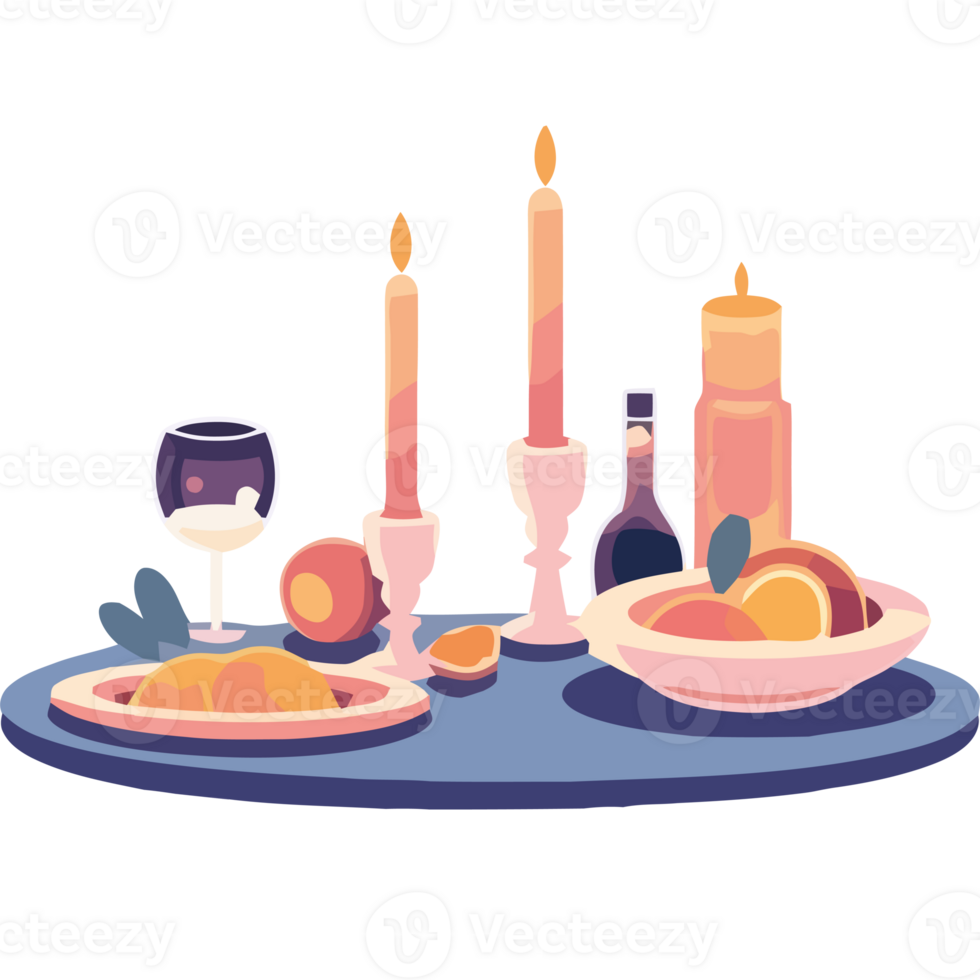 A table with a candle, wine and fruit png
