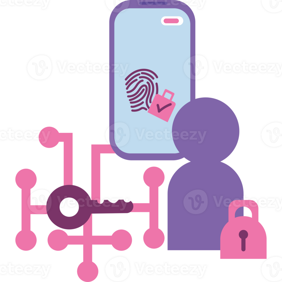 A person with a fingerprint on a smartphone and a lock png