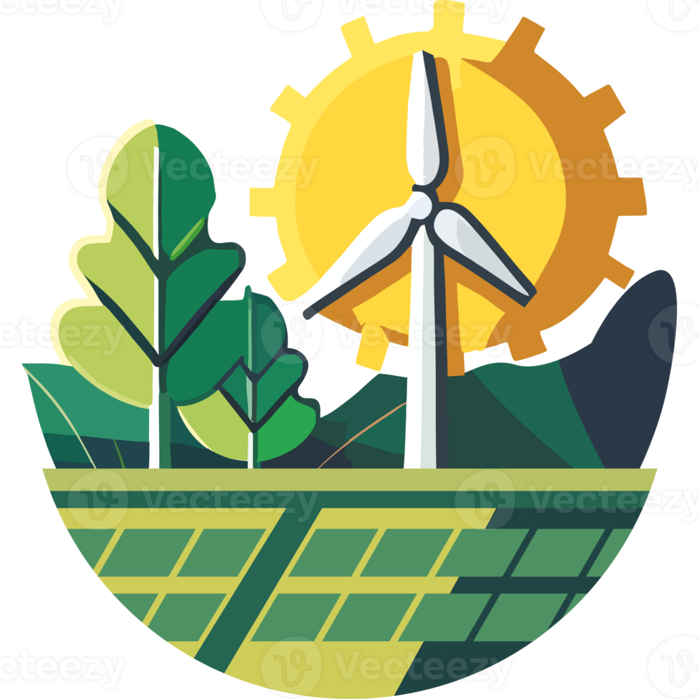 A solar panel and wind turbine in the middle of a green field png