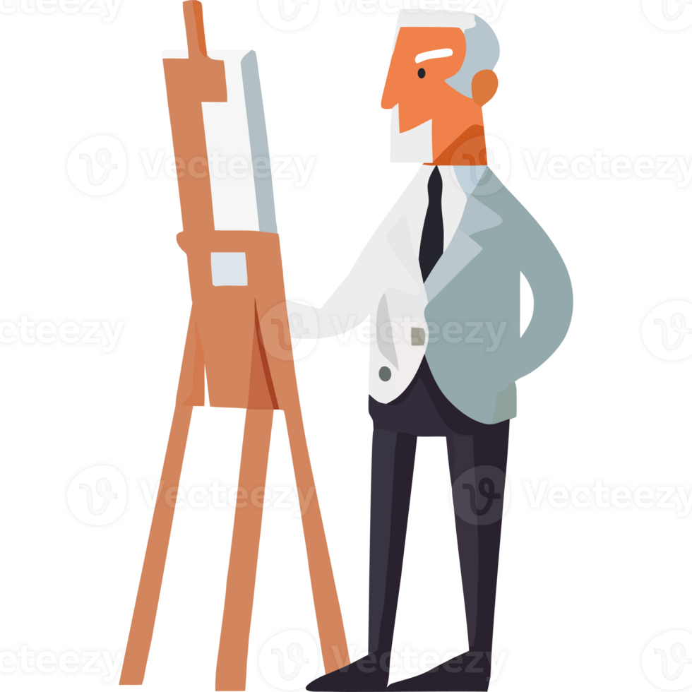 An old man standing next to an easel with a canvas png