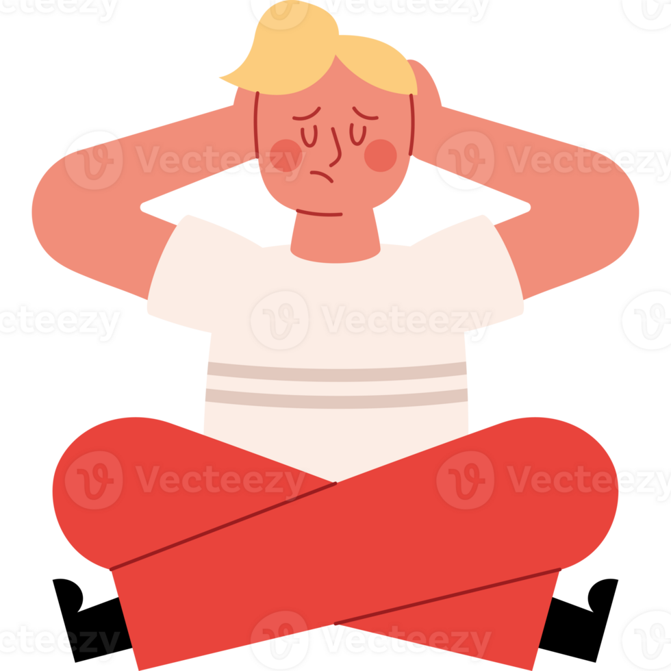 A man sitting in a lotus position with his hands on his head png