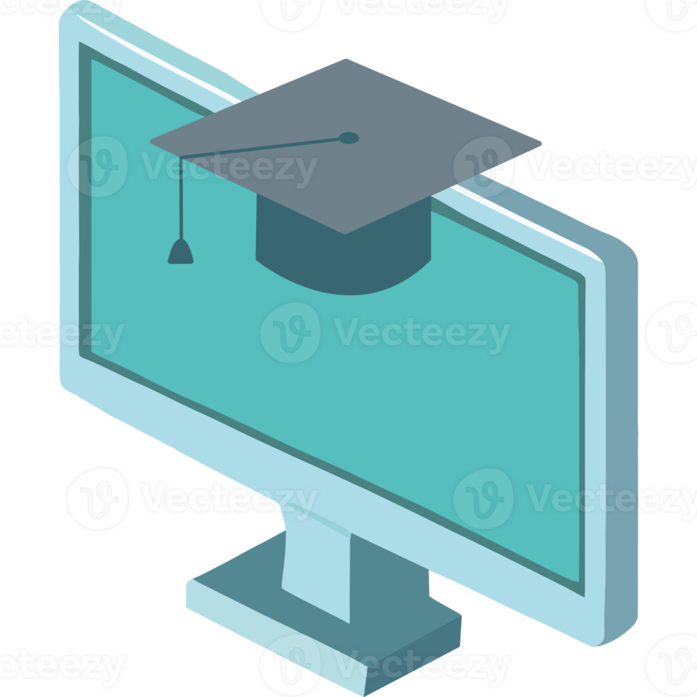 An illustration of a graduation cap on a computer monitor png